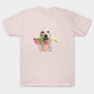 Dachshund puppy dog with spring pink tulip flowers. T-Shirt